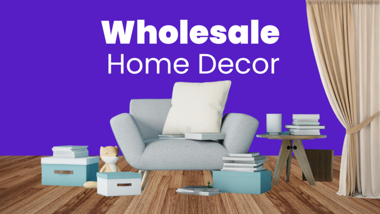 Modern wholesale home decor items including ceramic vases, woven baskets, minimalist furniture, and indoor plants arranged in a bright, stylish room setting.