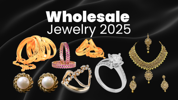 Gold chains, gemstone rings, simple necklaces, and bold earrings are among the wholesale jewelry pieces on display against a background of muted fabric.