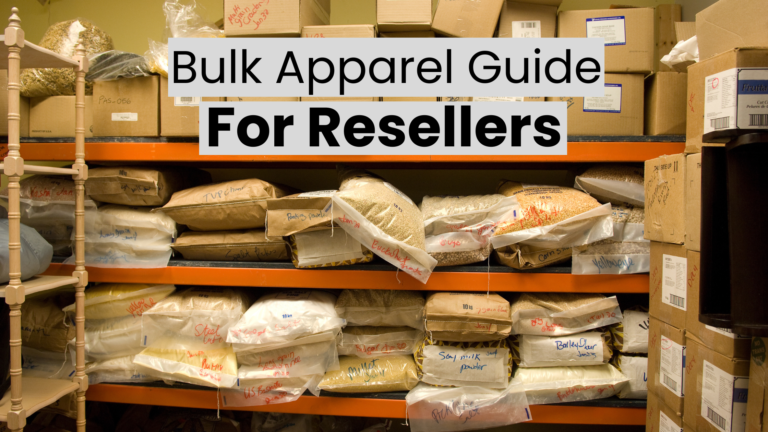 An illustration of bulk apparel inventory for a wholesale clothing firm in 2025, featuring folded t-shirts, hoodies, and jeans placed on shelves against a warehouse backdrop.