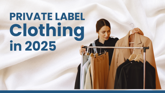 Stylish private label clothing items with blank tags displayed on hangers and folded shelves, highlighting brand customization and wholesale fashion trends for 2025.