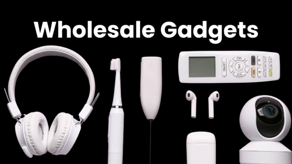 A flat-lay image of trending wholesale gadgets in 2025 including smartwatches, wireless earbuds, portable chargers, and mini projectors placed on a tech-themed background.