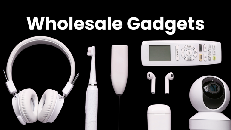A flat-lay image of trending wholesale gadgets in 2025 including smartwatches, wireless earbuds, portable chargers, and mini projectors placed on a tech-themed background.