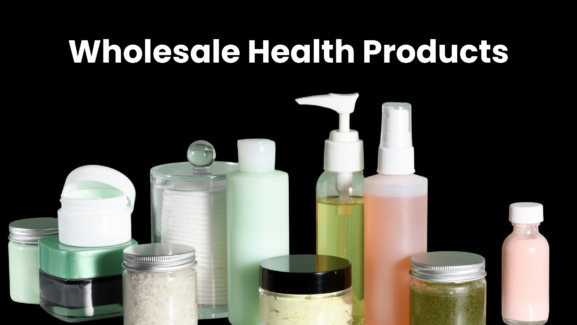 Flat lay featuring trending 2025 wholesale health products: vitamin bottles, herbal teas, eco-friendly oral care, fitness recovery tools, and natural supplements.
