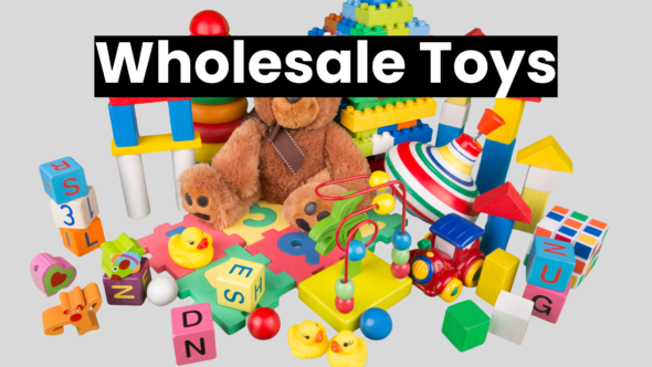 Building blocks, educational playsets, and plush animals are among the colorful wholesale toys on display in a toy store.
