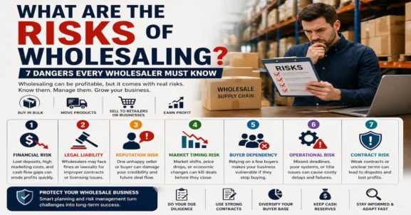 Infographic showing major risks of wholesaling including financial loss, legal issues, market changes, and operational challenges in a business supply chain setting