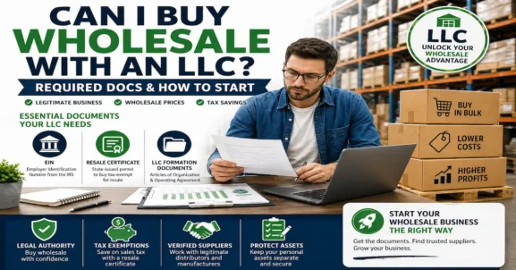 Infographic showing how an LLC can buy wholesale, including EIN, resale certificate, and business documents needed to access suppliers and wholesale pricing